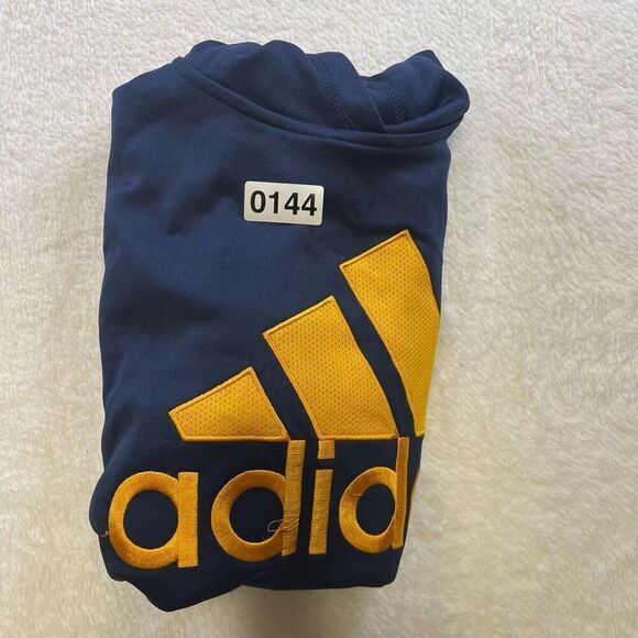 Large Kids Adidas Pullover Hoodie Navy Blue with Gold Stitched Lettering and Log - Picture 12 of 12